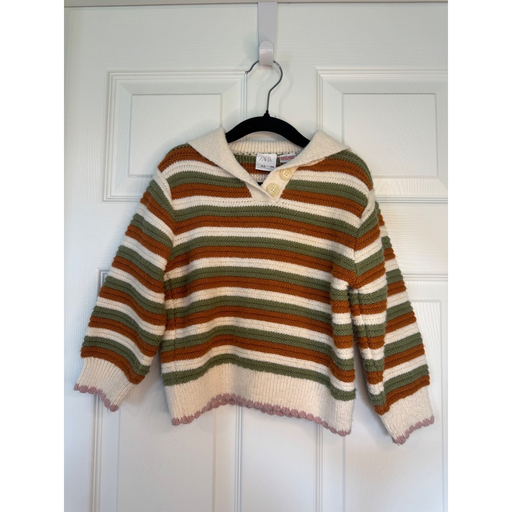 Zara Kids Striped Knit Sweater Sailor Collar Green Orange Cream Size 3-4 Years